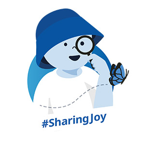 Badge featuring a child looking through a magnifying glass while a butterfly flies by