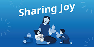 Illustration of an educator interacting with 2 young children with text 'Sharing Joy'