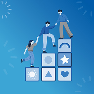 Illustration of 3 people climbing building blocks like stairs