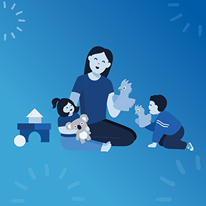 Illustration of an educator interacting with 2 young children