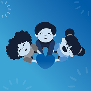 Illustration of 3 smiling kids looking up holding a heart