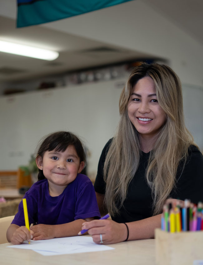 A teacher sitting next to a kindy student in a classroom. They are smiling at the camera.