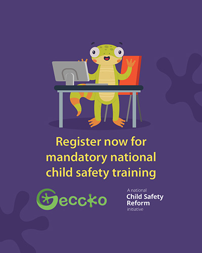 Cartoon gecko sitting at a computer. Geccko logo. Text: Register now for mandatory national child safety training. A national child safety reform initiative.